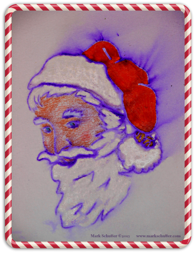 "Dun Che Lao Ren" is Chinese for "Christmas Old Man."   Crayon and ink wash drawing, 8x11 inches, border added using PicMonkey.