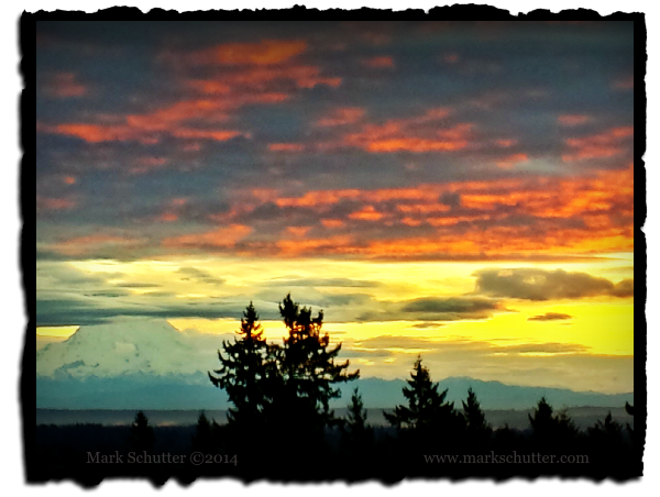 Photo of Mt Rainier in the distance at a winter sunrise.