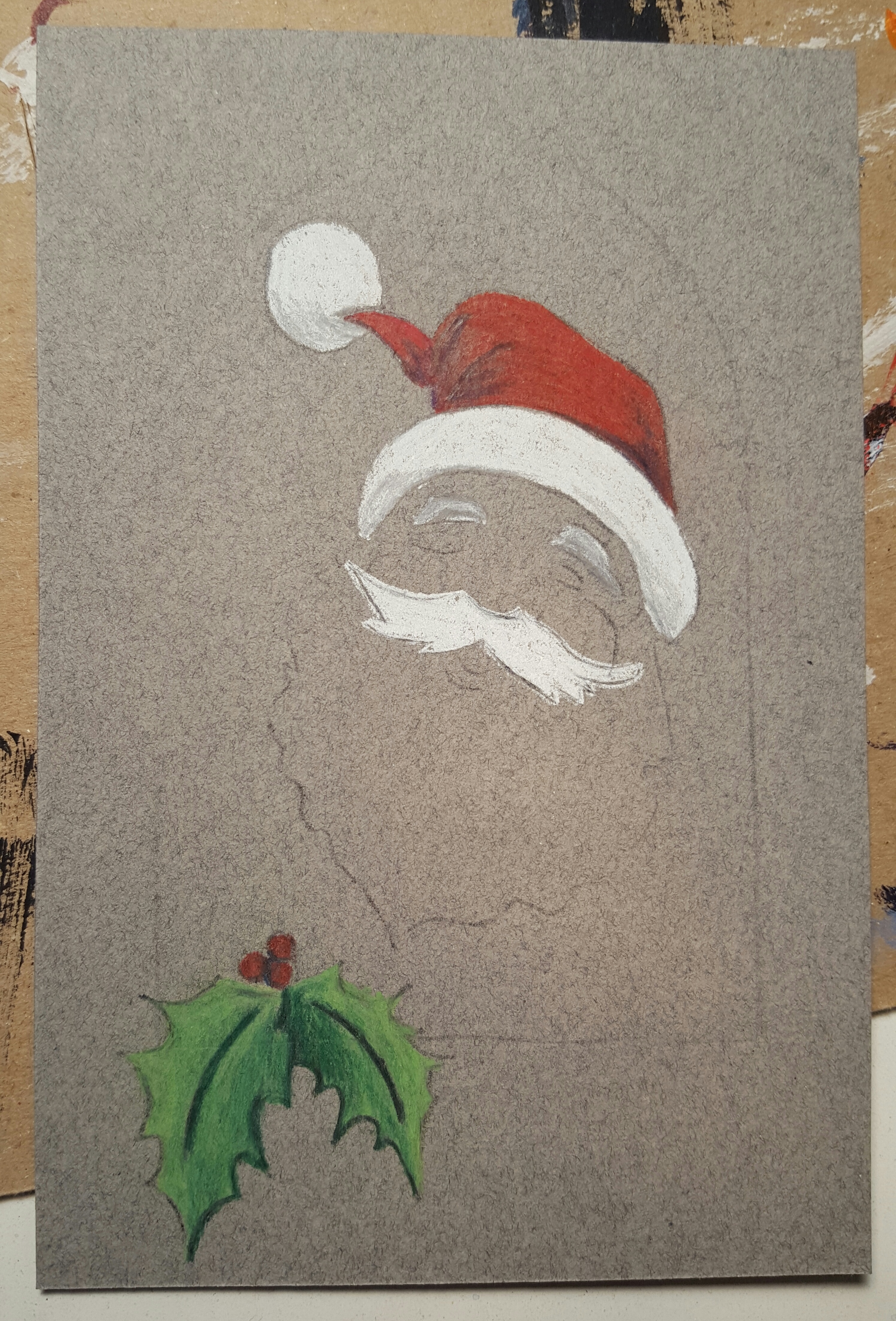 Santa - postcard work in progress, pastels on grey paper, 4x6 inches